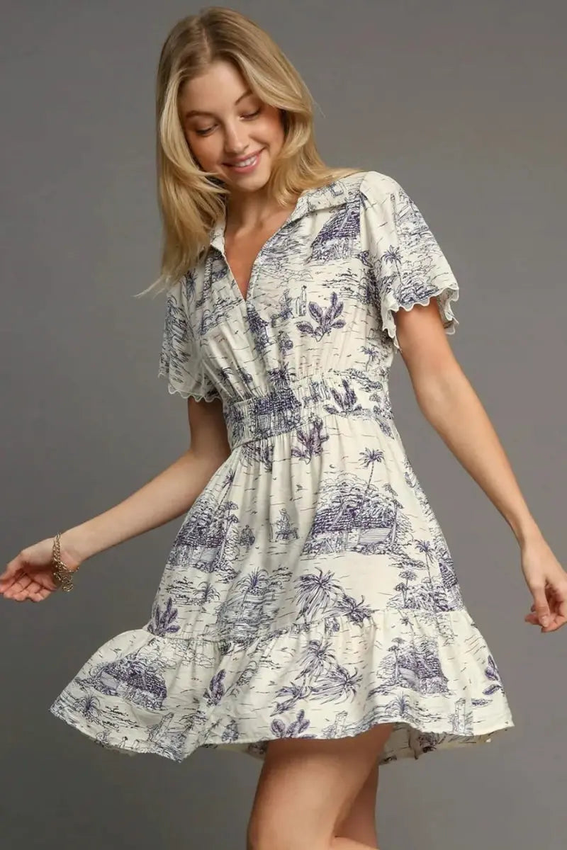 Umgee Full Size Landscape Print Collared Mini Dress Plus Size - Love Salve